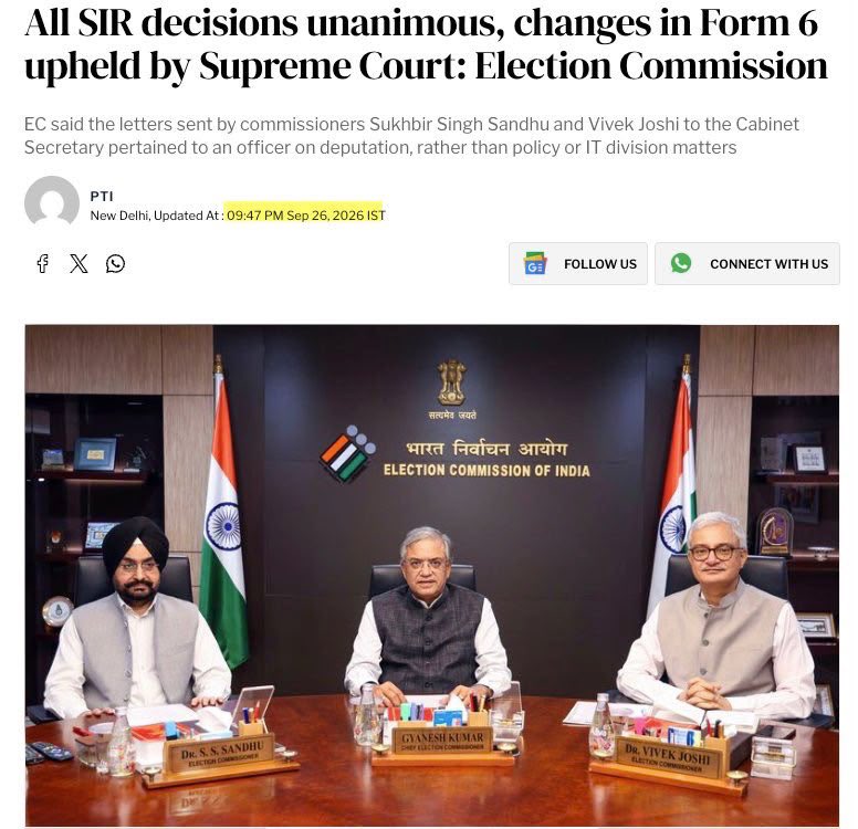 rajuparulekar's tweet photo. 🆘 SIR is ILLEGAL ! 

❌ The ECI has deleted the Press Note dated 26-09-2026 from its website and also the X post announcing it. 

26-09-2026: Gyanesh Kumar led ECI told the Nation that changes in Form 6 were “upheld by the Supreme Court”.

05-10-2026: The Supreme Court clarifies that it has not approved the Modified Form 6 (which includes the Declaration).

⚠️ The RTI response to transparency activist Anjali Bharadwaj ji has clarified that SIR has not been initiated in ECI. 

❓So what else does a Nation of 1.4 billion need to kick out the incompetent CEC who is busy manufacturing the mandate for the Regime❓

⚠️ The Opposition should call for annulment of the West Bengal elections, which were held after the dubious SIR. 

⚠️⚠️ The Opposition should immediately petition the President of India for imposition of President’s Rule in West Bengal, under Article 356 of the Constitution.