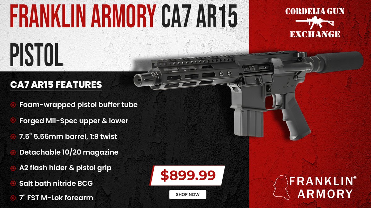 CordeliaGun_CGE's tweet photo. The Franklin Armory CA7 meets strict California firearm laws without cutting corners on quality. Whether you're a range shooter or collector, this CA7 AR Pistol is a smart compliant investment.
Shop now: https://t.co/iZkXPGfkox
#franklin #ca7 #pistol #franklinarmory #california https://t.co/2V9GM6EQZP