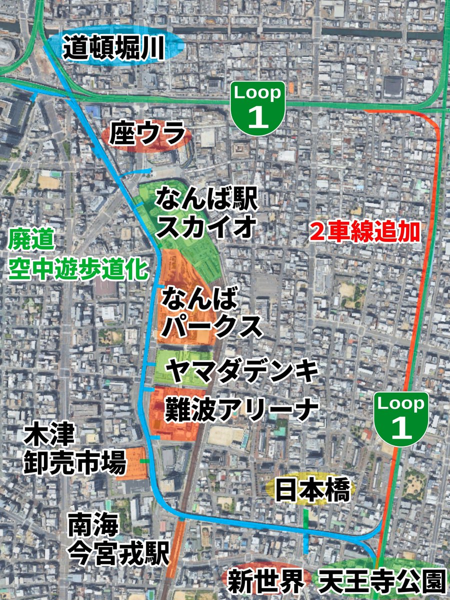 OSAPCO1's tweet photo. ���大阪版ハイライン”構想※妄想
阪神高速1号環状線を一部廃道新設→遊歩道化

天王寺公園北詰〜新世界〜今宮戎〜道頓堀川を結ぶ空中遊歩道、なんばパークス、スカイオ、ヤマダ電機、難波アリーナ、南海今宮戎駅などとデッキ接続、中小ビルとも密接してるので遊歩道側に小規模商店も開設、歩ける街へ https://t.co/hnrXa4X3ZX