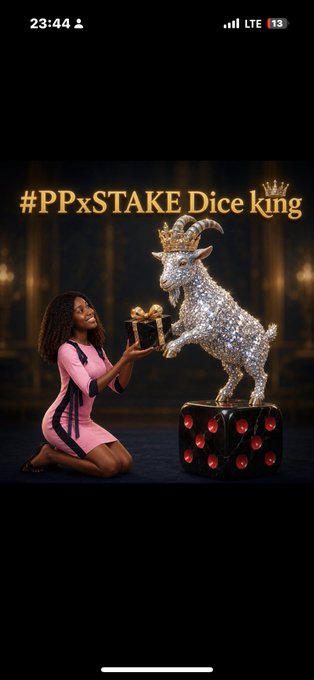 Graphic with text '#PPxSTAKE Dice king' showing a woman in a pink dress kneeling and offering a gift to a diamond-encrusted goat statue sitting on a large die.