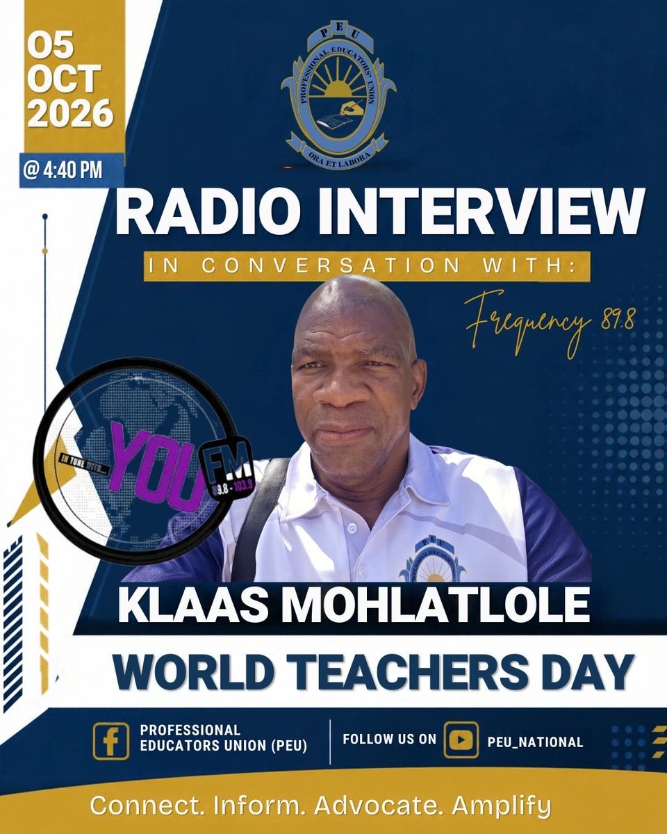 Peu_national's tweet photo. TODAY | World Teachers' Day!
PEU LIVE on You FM 89.8 at 16:40 with Klaas Mohlatlole unpacking: Beyond the Chalk: The Real State of Teaching in SA in 2026.
Tune in. Let's celebrate & speak truth
for our teachers.
#WorldTeachersDay #PEU #YouFM #BeyondTheChalk https://t.co/6M3nkmUh1r