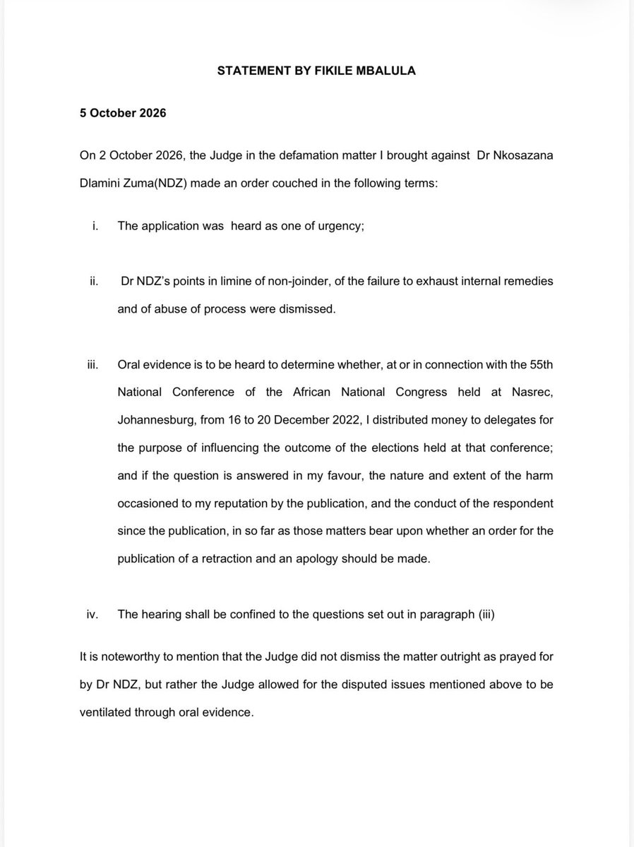 MbalulaFikile's tweet photo. STATEMENT ON THE MATTER BROUGHT AGAINST DR NKOSAZANA DLAMINI ZUMA. https://t.co/fBJGpnuByv