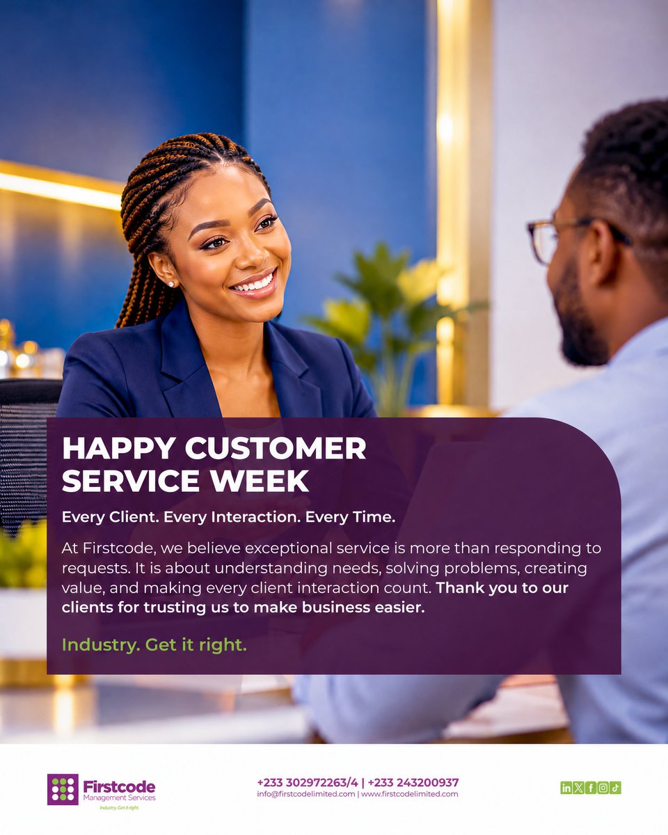 Firstcodegh's tweet photo. This Customer Service Week, we celebrate the people who make every business relationship meaningful: our clients.

Thank you for your trust, your feedback and the opportunity to serve you.

We value your partnership and remain committed to making business easier. https://t.co/KPlvYn0PIH