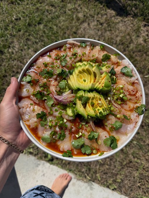 A hand holds a bowl of raw fish sashimi-style, elegantly garnished with sliced avocado, red onion, cilantro, and green onions in a citrusy dressing, photographed over a grassy background on a sunny day.

This image perfectly embodies the "raw fish is the best fish" sentiment—a vibrant, fresh crudo or ceviche-like dish that showcases the delicate texture and natural flavor of uncooked fish, preserving its omega-3s, taurine, and tender proteins that cooking would otherwise denature.
