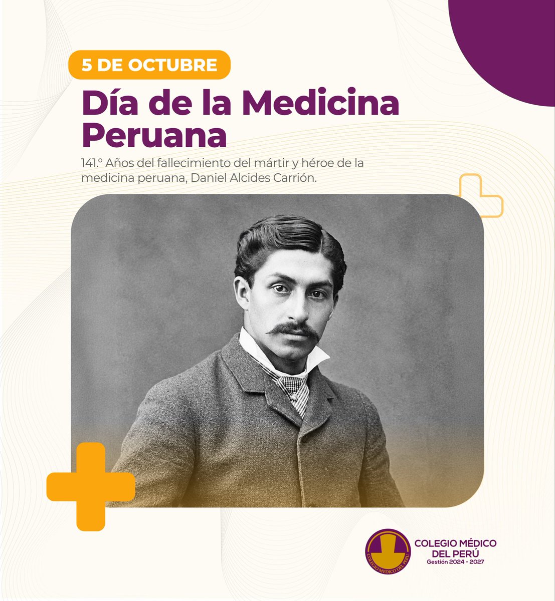 CMP_PERU's tweet photo. #Efeméride | 🩺 Hoy conmemoramos el Día de la Medicina Peruana, fecha que nos invita a recordar el legado y sacrificio del mártir y héroe de la medicina peruana, Daniel Alcides Carrión.

Desde el Colegio Médico del Perú, rendimos homenaje a todos los médicos y médicas que, con vocación, entrega y compromiso humano, hacen de la medicina una profesión al servicio de la vida y del bienestar de los peruanos.

¡Feliz Día de la Medicina Peruana! 🇵🇪🩺

#DíaDeLaMedicinaPeruana #DanielAlcidesCarrión #MedicinaPeruana #Salud #Gestión2024_2027 #ColegioMédicoDelPerú