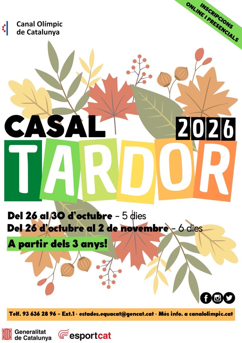 canalolimpiccat's tweet photo. 🍁 OBERTES LES INSCRIPCIONS AL CASAL DE TARDOR! 🍁
•
Aquest octubre, diversió, esport i activitats al Canal Olímpic! 🙌🏼
•
📅 Inscripcions obertes
💻 https://t.co/PLqpEJUe83
✍🏼 També presencials a recepció
•
🍂 T’hi esperem!
•
#esportcat #canalolimpiccat #CasalTardor2026 https://t.co/cUQi3B9qyQ
