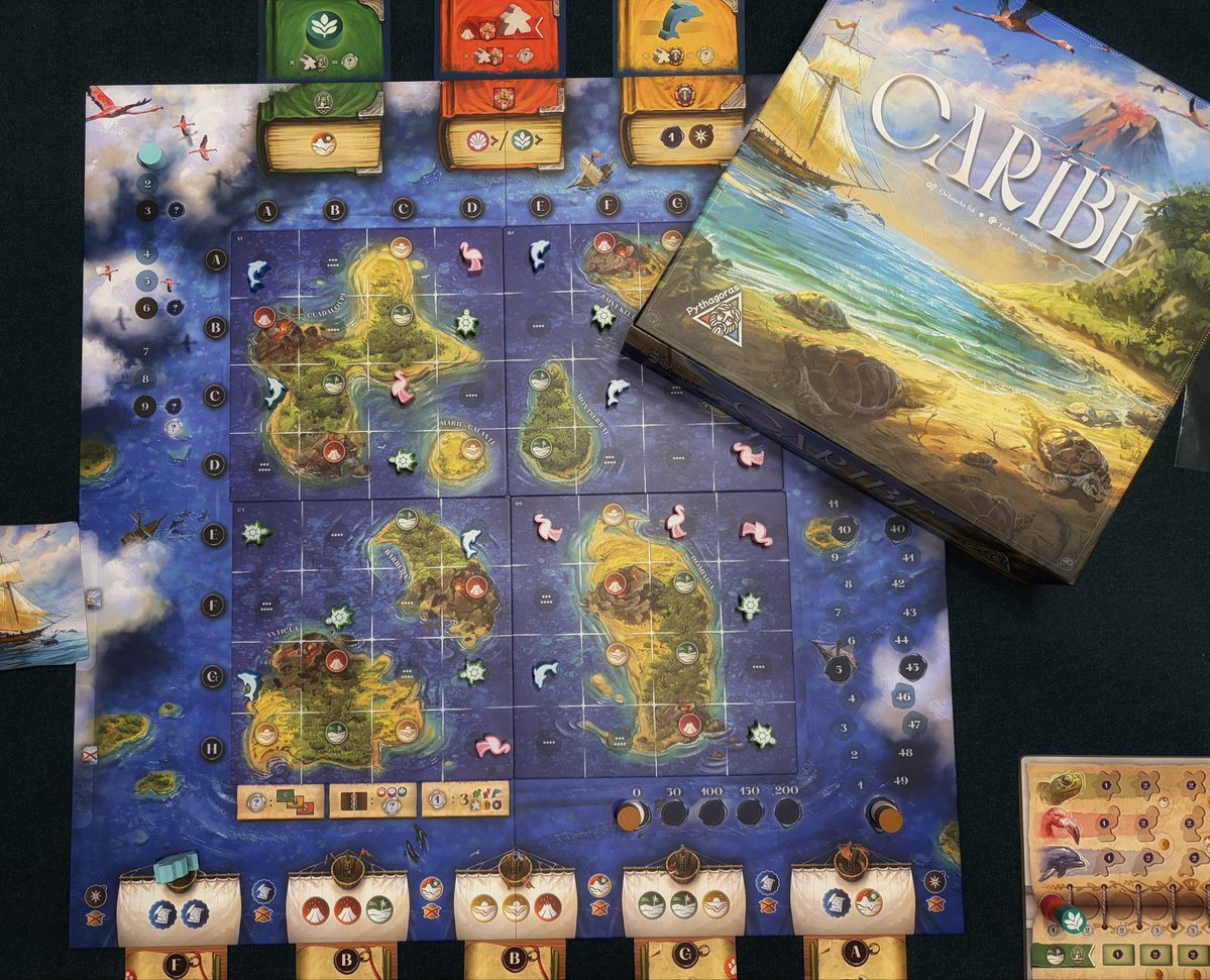 emagdraob's tweet photo. CARIBE / カリべ
カリブ海 小アンティル諸島とその周辺の海洋調査がテーマのspiel26新作

アクション選択 x 手札の座標で調査員を配置や動物駒の獲得ができますが、手札のカードは中間・最終決算の得点条件も兼ねているため、終始儘ならない
駒はかわいいですが、何を得て何を諦めるかは常に悩ましい https://t.co/xXcpAe9YJm