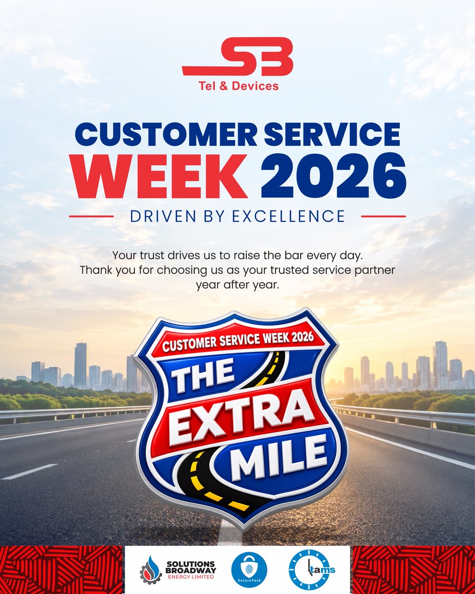 SecureTechNig's tweet photo. Customer Service Week 2026 is here, and at SB Telecoms &amp; Devices, we’re going the extra mile. 🚗💨

To every customer who has trusted us, chosen us, challenged us and grown with us, thank you.

This week, we celebrate you and the people who make exceptional service possible. https://t.co/KViKd7yeY3