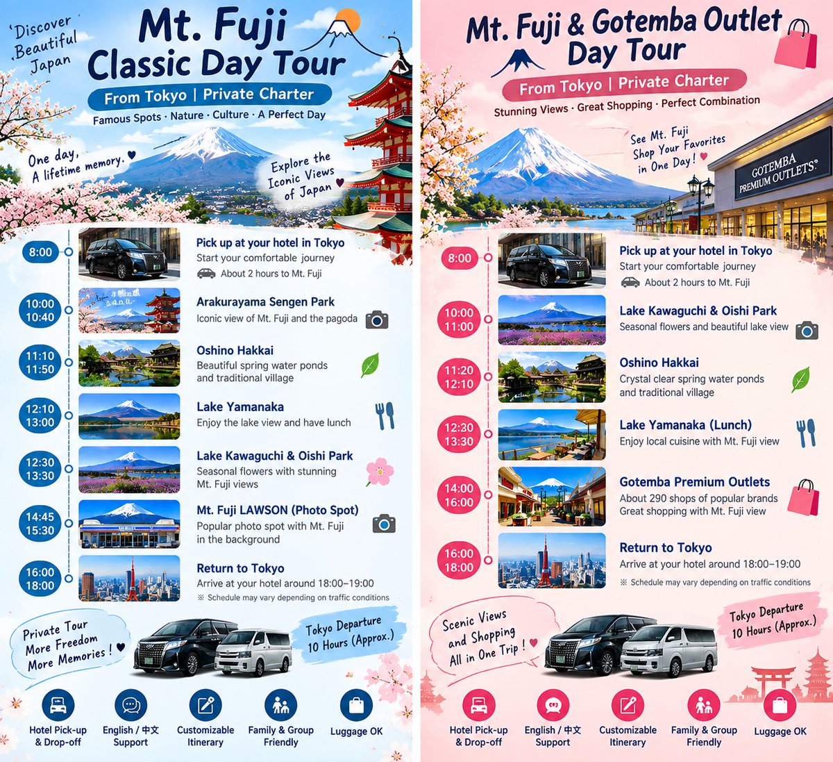 Japanprivatecar's tweet photo. 🍁 Mt. Fuji Private Day Tour — October Special 🇯🇵🗻

Choose the classic Mt. Fuji route or Mt. Fuji + Gotemba Premium Outlets.

🚐 7-Seater Toyota Alphard: ¥50,000 / 10 hours
🚐 14-Seater Toyota Hiace: ¥70,000 / 10 hours

✅ Tokyo hotel pick-up & drop-off
✅ Flexible private itinerary
✅ Family & group friendly
✅ Luggage welcome

📅 October bookings only — advance reservation required.

DM me for availability. 😊