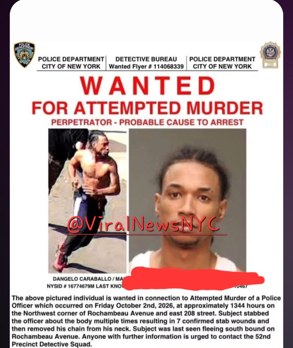 ViralNewsNYC's tweet photo. 🚨 EXCLUSIVE REPORT 🚨 

One of the alleged suspects who allegedly stabbed up an NYPD does appear to have a criminal record , it's unclear what he was arrested for .

He's a 25 year old male named DANGELO CARABALLO from the Dominican Republic . 

Cops are looking to charge him with attempted murder on a police officers.