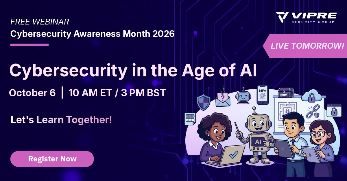 VIPRESecurity's tweet photo. Tomorrow is the day! ⏳ Don't miss our live CAM 2026 session with VIPRE and Inspired eLearning. Learn how to protect your organization from AI-powered threats and cultivate essential human cybersecurity skills. 

Register before it's too late: https://t.co/Ml8UxuvKry

 #CAM2026 https://t.co/IeVQ4REQwt