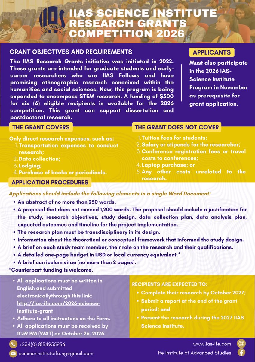 ifeias's tweet photo. Got the research idea? Now get the support to pursue it.
IIAS Science Institute Research Grants 2026 is open!
6 grants of $500 for eligible IIAS Fellows, including STEM researchers.
Apply by 26 Oct 2026.
Tag someone who should see this.
#IIASScienceInstitute
#ResearchGrants https://t.co/UqQVFTUKj2