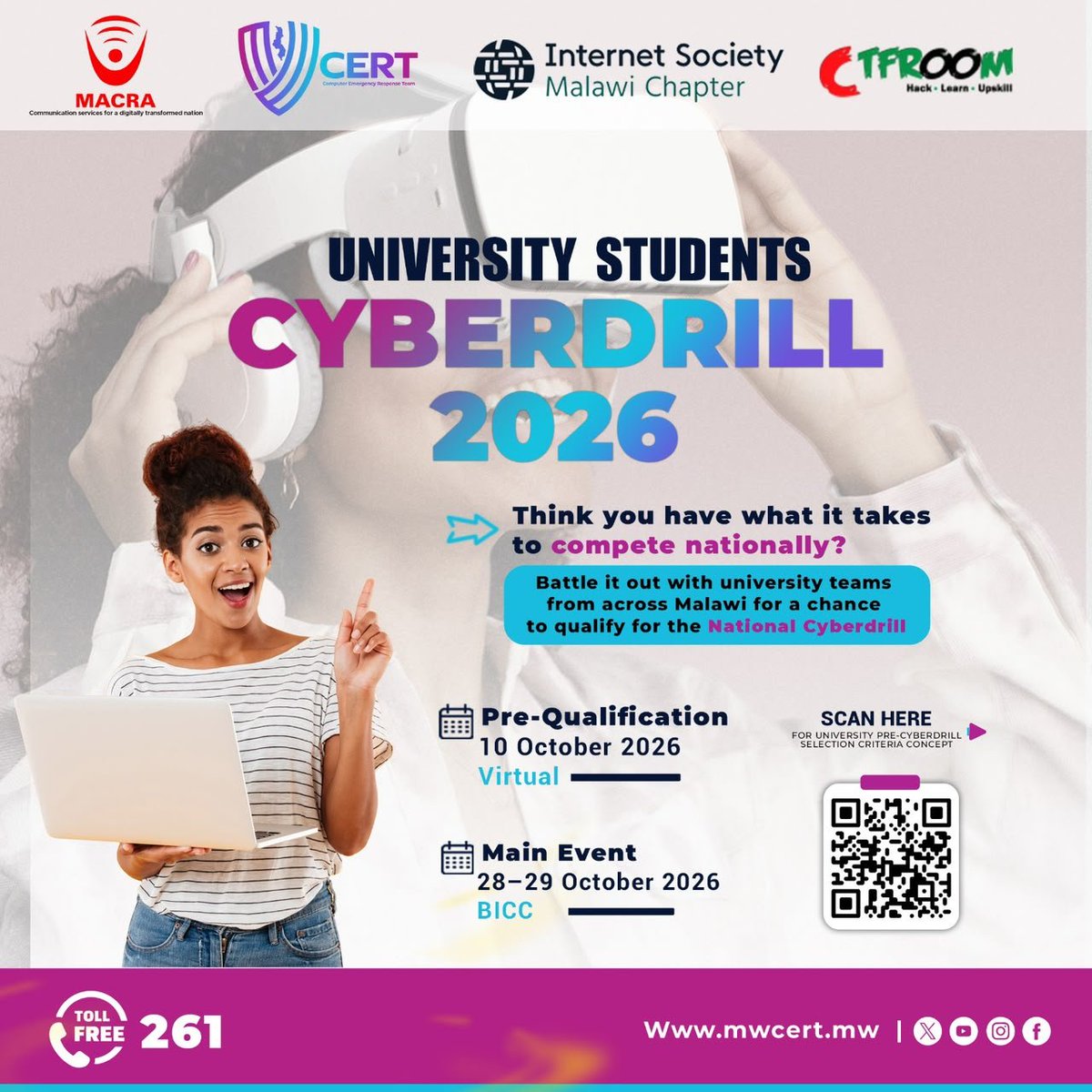 MACRAMALAWI's tweet photo. THE UNIVERSITY CYBERDRILL 2026 IS HERE! 💻

#MACRA
#QualityAffordableSecureCommunicationServices 
#DigitallyTransformedMalawi 
#261TollFree https://t.co/zp2suMqBjv