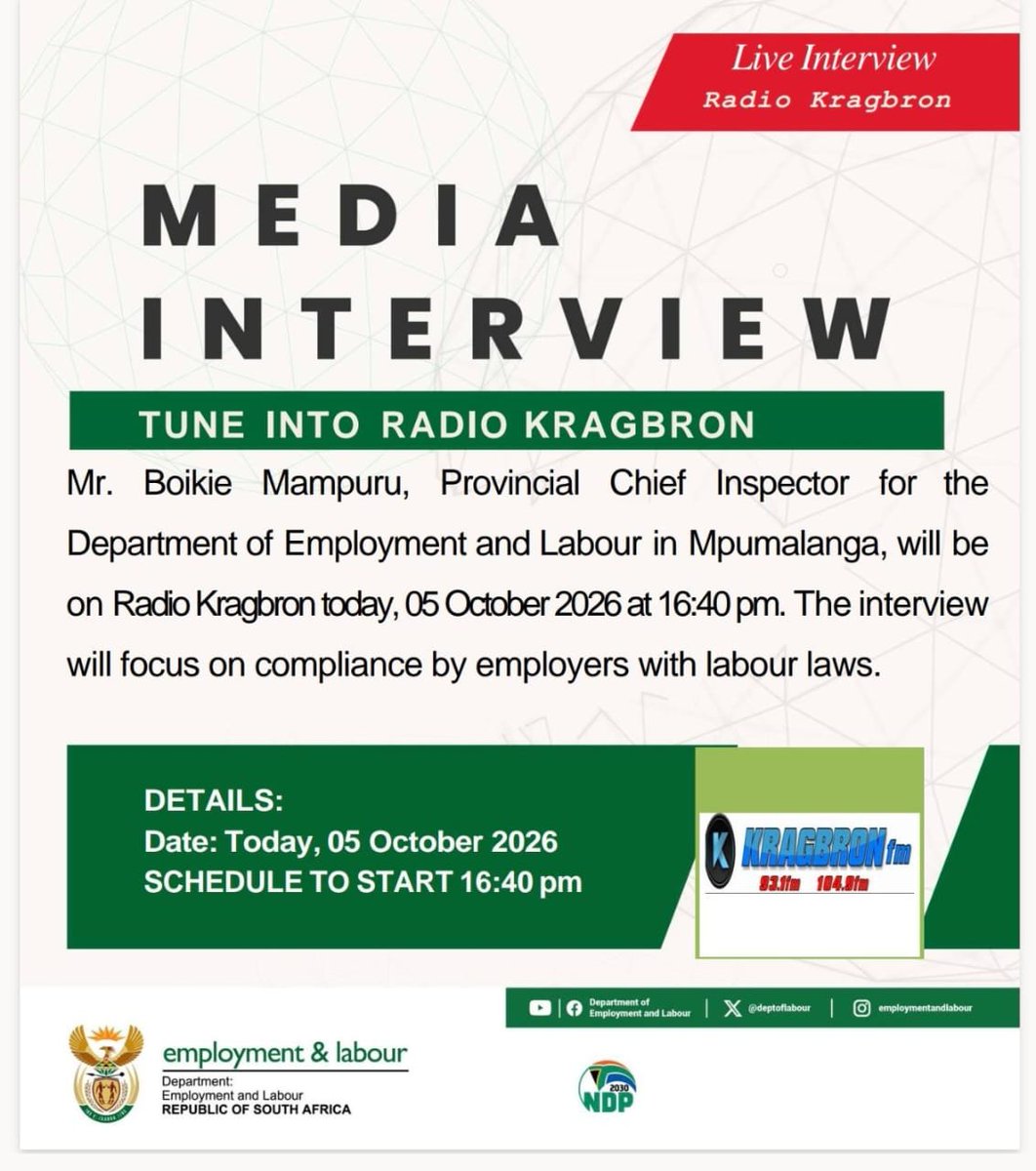 deptoflabour's tweet photo. Talking all things compliance in the workplace, the department's Provincial Chief Inspector in Mpumalanga, Boikie Mampuru will be on Radio Kragbron @16:40pm today, 05 October 2026. Tune in!!!
#Yazini #DEL #WORKINGFORYOU https://t.co/oaVgkRu4xc