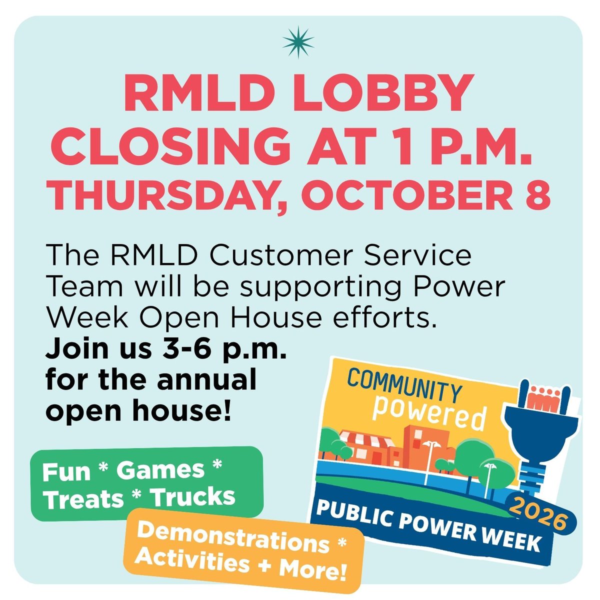readinglight's tweet photo. The RMLD Lobby will be closing at 1 p.m. on Thursday October 8, to allow our teams to support the Public Power Week Open House efforts!

Customers are invited to stop by RMLD at 230 Ash Street from 3 to 6 p.m. for the Annual Open House! Visit, https://t.co/RtBhqVHfEo for details. https://t.co/YioU0eMcvc