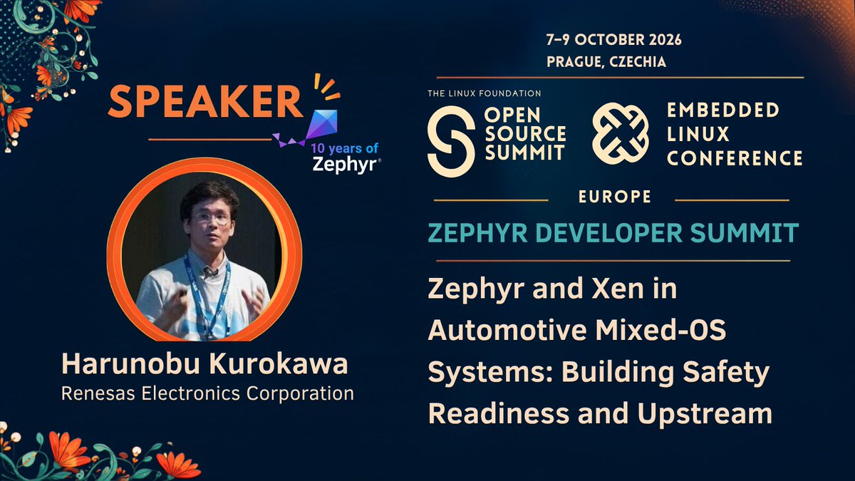 ZephyrIoT's tweet photo. Join Harunobu Kurokawa of Renesas at the Zephyr Developer Summit in Prague to explore Zephyr, Xen, and Linux in automotive mixed-OS systems, safety readiness, and opportunities to contribute upstream. https://t.co/1fpzk7i3q0 https://t.co/w3m3VrOjQ8