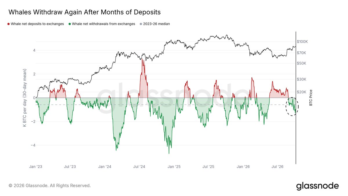 glassnode's tweet photo. Whales have stopped sending bitcoin:native to exchanges.

Their summer run of net deposits lasted over three months, twice as long as any other since 2023.

It ended in late August, and the flow has stayed negative since. https://t.co/Nz6e46Mycc