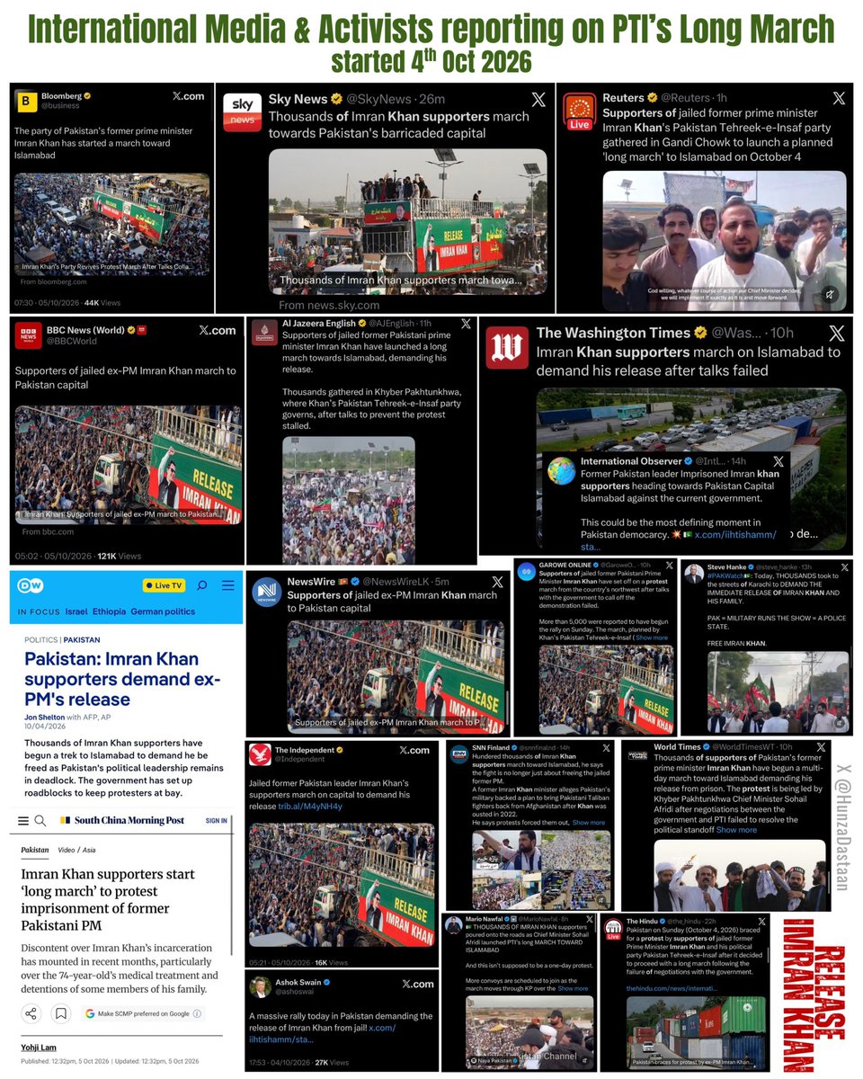 PTIofficial's tweet photo. The world is watching as the true face of the Haqiqi Azadi movement unfolds on every major screen! From Bloomberg (@business), Sky News (@SkyNews), Reuters (@Reuters), and BBC News (@BBCWorld), international media and independent voices like Ashok Swain (@ashoswai) and Mario Nawfal (@MarioNawfal) are witnessing history in real-time. 

As millions answer the call to march on Islamabad alongside Al Jazeera English (@AJEnglish), The Washington Times (@WashTimes), NewsWire (@NewsWireLK), and The Independent (@Independent), no amount of barricades or broken talks can silence the roar for justice, democracy, and the immediate release of our leader Imran Khan. 

The march has only just begun!
#ReleaseImranKhan