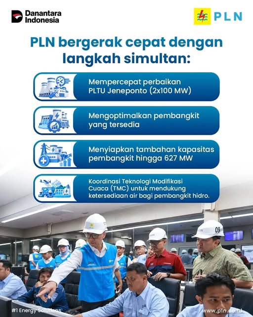 MarosElectrizen's tweet photo. Listrik Sulawesi Bagian Selatan (Sulbagsel) terus diperkuat untuk menjaga keandalan pasokan energi. PLN bergerak melalui percepatan perbaikan PLTU Jeneponto, optimalisasi pembangkit yang tersedia, serta penyiapan tambahan kapasitas hingga 627 MW.

#pln #sulbagsel https://t.co/tO24dvh0c3