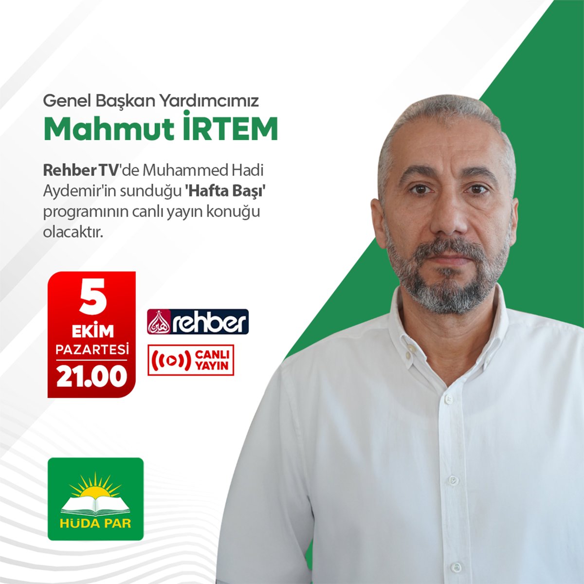 HurDavaPartisi's tweet photo. Genel Başkan Yardımcımız Mahmut İrtem, bu akşam 21.00'de Rehber TV'de Muhammed Hadi Aydemir'in sunduğu 'Hafta Başı' programının canlı yayın konuğu olacaktır. https://t.co/AOIHCMuNdy