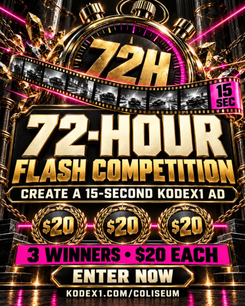 Kodex1dotcom's tweet photo. 72-Hour Flash Ad Sprint. ⚡

Direct a 15-second Kodex1 ad. 3 winners get $20 cash each, and winning edits run as official Kodex1 ads.

Submissions close Thursday midnight. Winners picked Friday by the Kodex1 team.

Full rules & enter now → https://t.co/aJx8uyNnnN

#kodex1 #aivideo #aimovie #aimusic #aiart