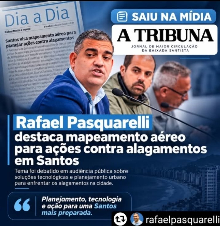 uniaobrasil_sp's tweet photo. Mensagem do Vereador por Santos Rafael Pasquarelli 25/09/26
Tecnologia e planejamento para enfrentar os alagamentos em Santos.
A atuação do vereador Rafael Pasquarelli ganhou destaque no Jornal A Tribuna em matéria sobre o novo mapeamento aéreo que está sendo estudado https://t.co/216l58Lmlu