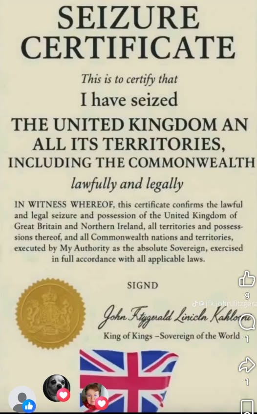 AB54281675's tweet photo. I hereby certify that I have seized
SEIZURE CERTIFICATE
THE UNITED KINGDOM AND ALL ITS TERRITORIES,
in accordance with the law and legally
INCLUDING THE COMMONWEALTH
IN CONSTITUTIONAL FAVOR, the present certificate attests to the seizure and lawful and legitimate possession of the United Kingdom of Great Britain and Northern Ireland, of all its territories and possessions, as well as of all the Commonwealth States and territories, carried out in full compliance with all applicable laws.