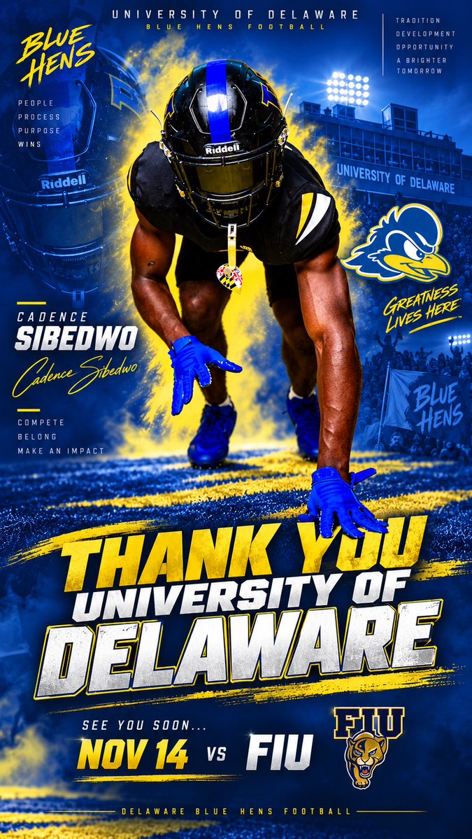 CS_Chop's tweet photo. Delaware, see you soon. 👀🔵🟡

Grateful to the University of Delaware Football staff for the invitation. Looking forward to being on campus November 14 vs. FIU, experiencing game day, and continuing to build relationships with the staff.

Cadence Sibedwo | EDGE/DE | 2028
#BlueHens #GoHens #Recruiting #2028Recruit