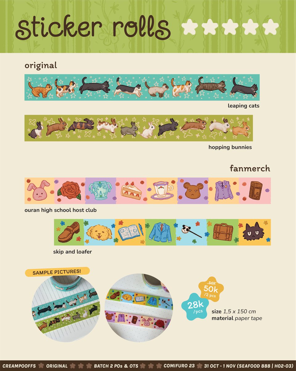 creampooffs's tweet photo. hiii here is my super quick pick up pre-orders (batch 2) &amp; ots catalogue for #comifuro23 !!

🍀PO period : 5 - 8 Oct ‘26
🌟Seafood 888 (H02-03)
🍎originals, skip and loafer, ouran / ohshc, shoujo, demon slayer (obamitsu), and more

🔗 &amp; details below!

#CF23 #comifuro23catalogue https://t.co/QEwmRT74Ln