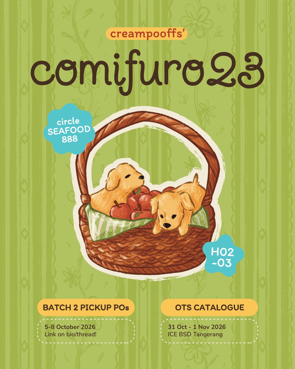 creampooffs's tweet photo. hiii here is my super quick pick up pre-orders (batch 2) &amp; ots catalogue for #comifuro23 !!

🍀PO period : 5 - 8 Oct ‘26
🌟Seafood 888 (H02-03)
🍎originals, skip and loafer, ouran / ohshc, shoujo, demon slayer (obamitsu), and more

🔗 &amp; details below!

#CF23 #comifuro23catalogue https://t.co/QEwmRT74Ln