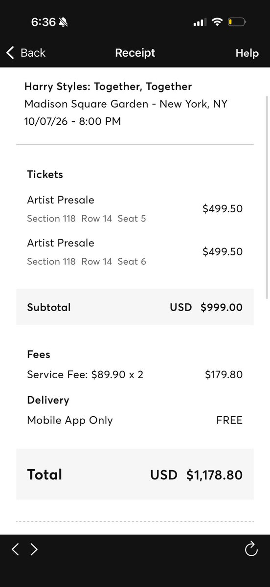 fvresale's tweet photo. wts 2x @Harry_Styles MSG Oct 07🚨

Sec 118 Row 14 Seat 5&amp;6

Seller asking for $400 each below face value

Send us a message if you’re interested and make sure you’re following us for fast response! 

#harrystyles #togethertogether #harryfans #madisonsquaregarden https://t.co/R4Ljc3NbgL