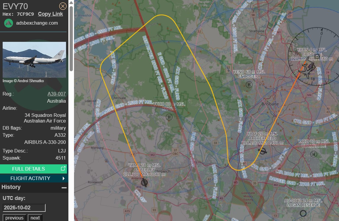 raaf_vip's tweet photo. Positioning flight on Friday.

Airbus KC-30A MRTT // A39-007 // Envoy 70

Route: RAAF Amberley (YAMB) - Brisbane (BNE)
🛫: 08:18 UTC on 02/10/2026
🛬: 08:38 UTC

#RAAF #AusAirForce #A39007 #QLD #Brisbane https://t.co/OMXTDitvDR
