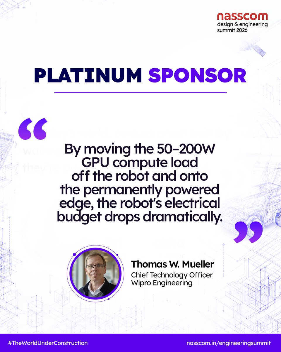 NasscomEvents's tweet photo. As robotics and AI move into more demanding industrial environments, efficient computing is becoming critical to building practical and scalable systems.

In this blog, Thomas W. Mueller, Chief Technology Officer, @Wipro Engineering, shares his perspective on optimising GPU compute for robotics and reducing the electrical demands of autonomous systems.

Read the full blog here: https://t.co/UedEJhJy95

#nasscom #DES26 #TheWorldUnderConstruction