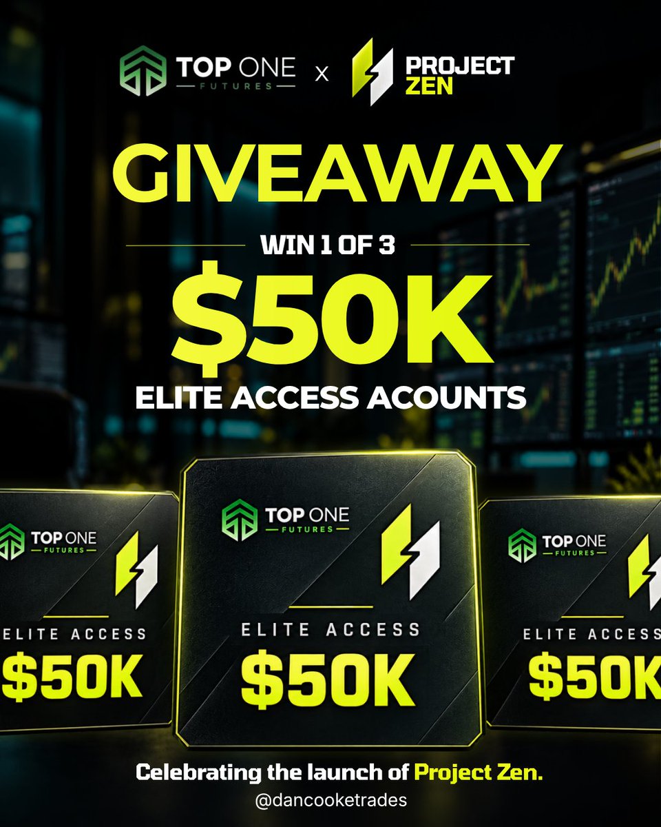 dancooketrades's tweet photo. 🚀$150,000 GIVEAWAY🚀  

To celebrate the launch of my FREE community, Project Zen, I've teamed up with Top One Futures to give away:

3x $50k Elite Access accounts  
To enter:

- Join the Project Zen community 🔗 https://t.co/ytc6Tp6gPf & follow @TopOneFutures 
- Like & repost
- Comment your Discord username.   

You have 72 hours ⏳