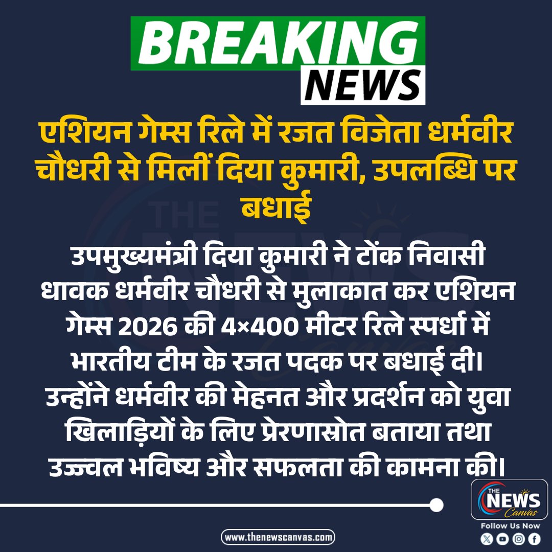 TheNewsCanvas_'s tweet photo. एशियन गेम्स रिले में रजत विजेता धर्मवीर चौधरी से मिलीं दिया कुमारी, उपलब्धि पर बधाई...
#dharmveerchaudhary #asiangames2026 #relayteam #tonkathlete #rajasthansports
@RajCMO @RajGovOfficial
Follow @TheNewsCanvas_ for latest updates
for more information: https://t.co/sMbtslHv4t
