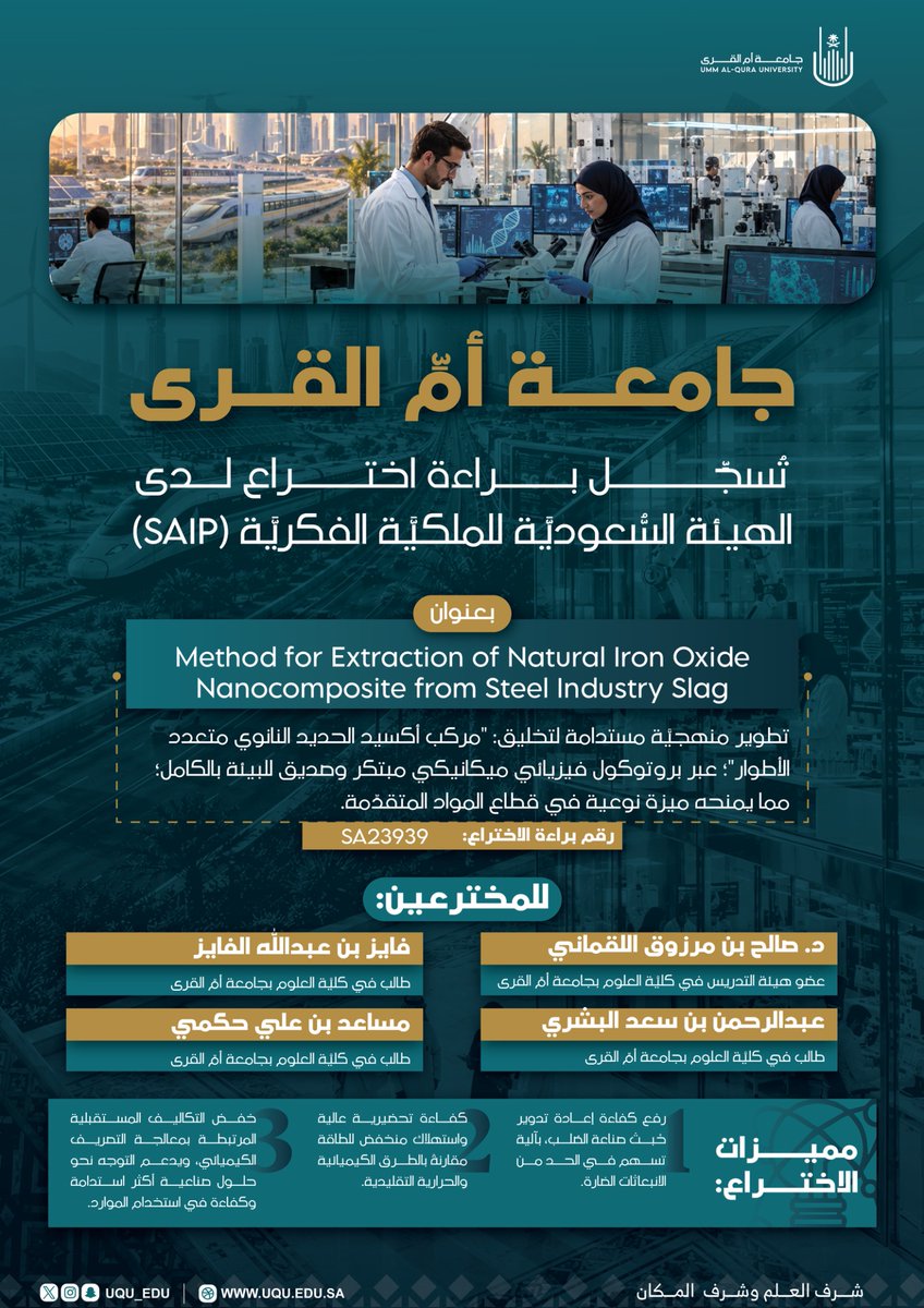 uqu_edu's tweet photo. سجَّلت #جامعة_أم_القرى براءة اختراع جديدة لدى الهيئة السعودية للملكية الفكرية (SAIP)، بعنوان: "طريقة لاستخلاص مركب أكسيد الحديد النانوي الطبيعي من خبث صناعة الصلب"؛ حيث يخدم الاختراع: قطاع الصناعات البتروكيميائية، ومعالجة المياه، والتعدين، إلى جانب الجامعات ومراكز الأبحاث.

#قصة_مبتكر