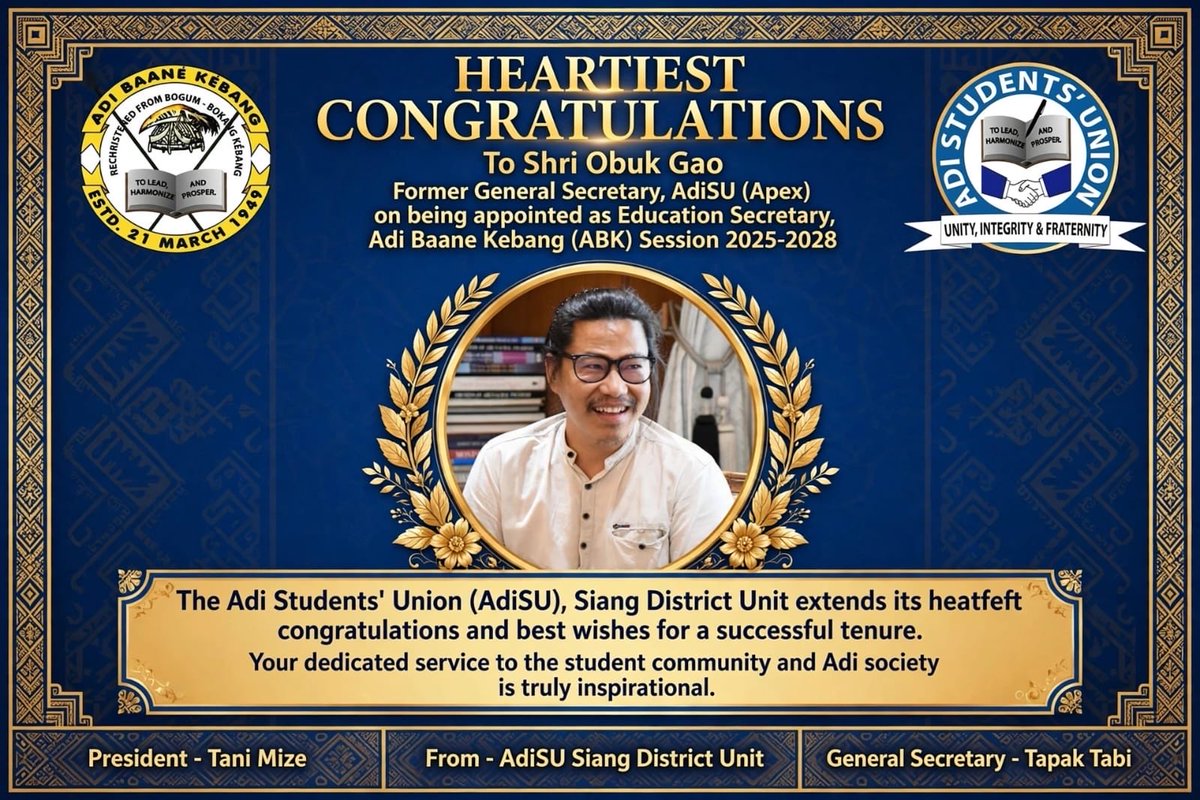 OjingBJP's tweet photo. Congratulations to my younger brother( Bhaiti) Shri Obuk Gao, former General Secretary, AdiSU on being appointed as Education Secretary ABK. Your capabilities, talent and dedicated leadership as a Secy Education ABK will highly benefited our community.
I wish you all success for your future endeavour.