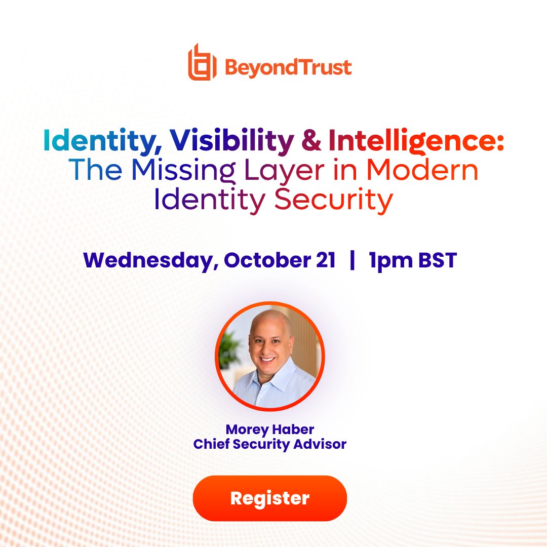 BeyondTrust's tweet photo. Join Morey Haber on October 21 to explore Identity Visibility &amp; Intelligence (IVIP), and how connecting identity data, access, privileges, and cloud entitlements can turn fragmented information into actionable insight.

https://t.co/NQkSq59WNp

#IdentitySecurity https://t.co/GE484pz1pH