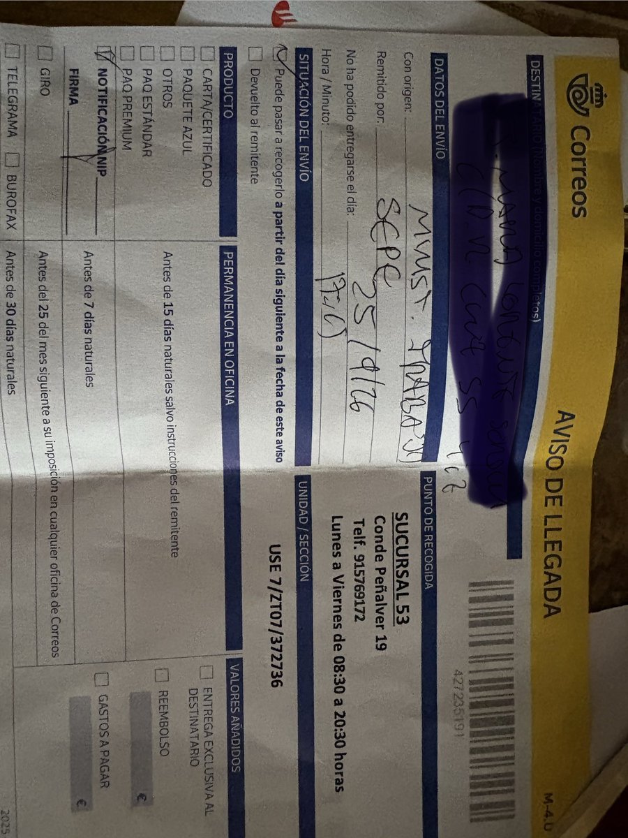 imposibel's tweet photo. Ahora bien @Correos , la notificación es del SEPE y puede ser algo serio y muy necesario. Voy a ir yo a la sucursal. No mi hijo, que tiene mucho trabajo, hijos y obligaciones. Ya me pueden decir misa. Y si no está, voy a liar un poyo importante @CorreosAtiende https://t.co/htRj687oPo
