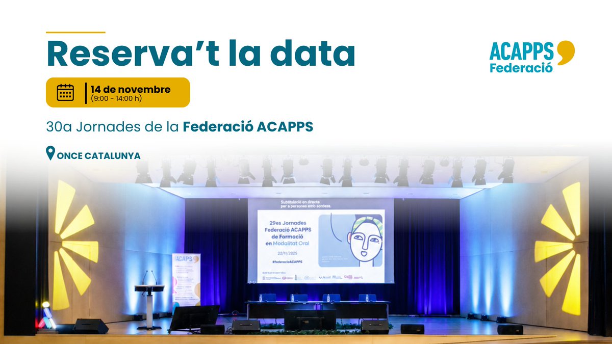federacioacapps's tweet photo. 📅RESERVA’T LA DATA!

El 14 de novembre celebrem les 30es Jornades de la Federació ACAPPS!

📍 Auditori de l’ONCE
🕘 9 a 14 h

Una jornada per avançar en els drets i l’accessibilitat de les persones amb sordesa que es comuniquen oralment.

👉 Inscripcions: https://t.co/CraHAtWApj https://t.co/m0EWbPdcHE