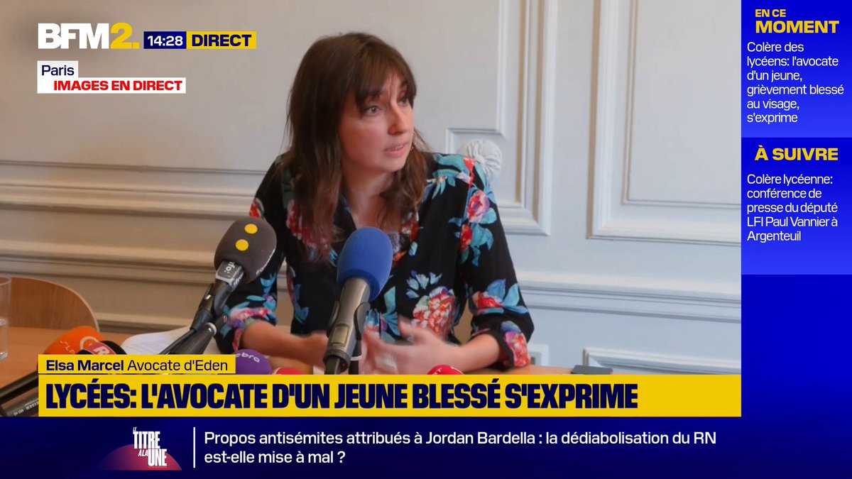 A BFM2 news broadcast from Paris at 14:28 features lawyer Elsa Marcel, identified as "Avocate d'Eden," speaking at a press conference about a high school student injured in a serious incident. On-screen text reads "LYCÉES: L'AVOCATE D'UN JEUNE BLESSÉ S'EXPRIME" (High schools: the lawyer of an injured young man speaks), with additional coverage about the LFI deputy Paul Vannier heading to Argenteuil and Jordan Bardella's alleged antisemitic remarks.