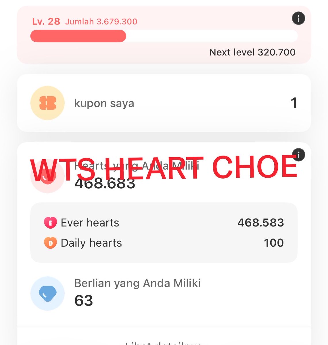 Zaraakiim's tweet photo. WTS Heart Choeaedol

100k ♥️ = Rp 80.000
200k ♥️ = Rp 150.000
300k ♥️ = Rp 220.000
Take All = Rp 300.000

Total Heart 460.000♥️

#wts #heartschoe #choe #choeaedol #cendol #kpop #hearts https://t.co/GQEz3AUzMm