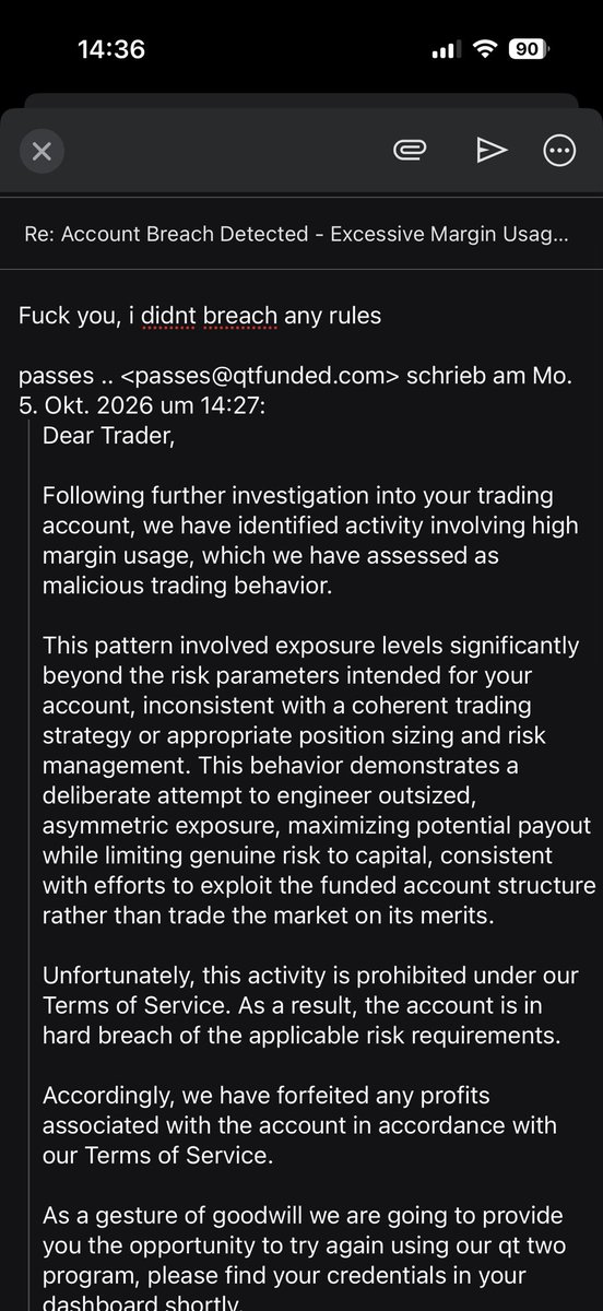 paprika_lil's tweet photo. @QtFunded @StepnCheck @QT_Funded 

Fuck you, i passed the Challenge and after 2Weeks i get the respond that i breached a Rule? My Acc is gone i can‘t even log in wtf is wrong with your Scam Company https://t.co/OamDs7ZdmR