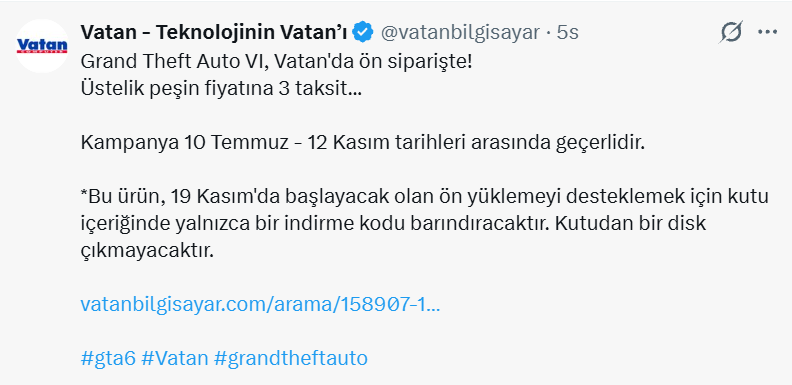 knighTeen_87's tweet photo. Oyun çıktığı zaman şikayetvar sayfası "Vatan'ın sattığı GTA VI kutularından disk çıkmadı" şikayetleriyle dolup taşacak biliyorsunuz değil mi? 😀 https://t.co/SFZ7H39yUE