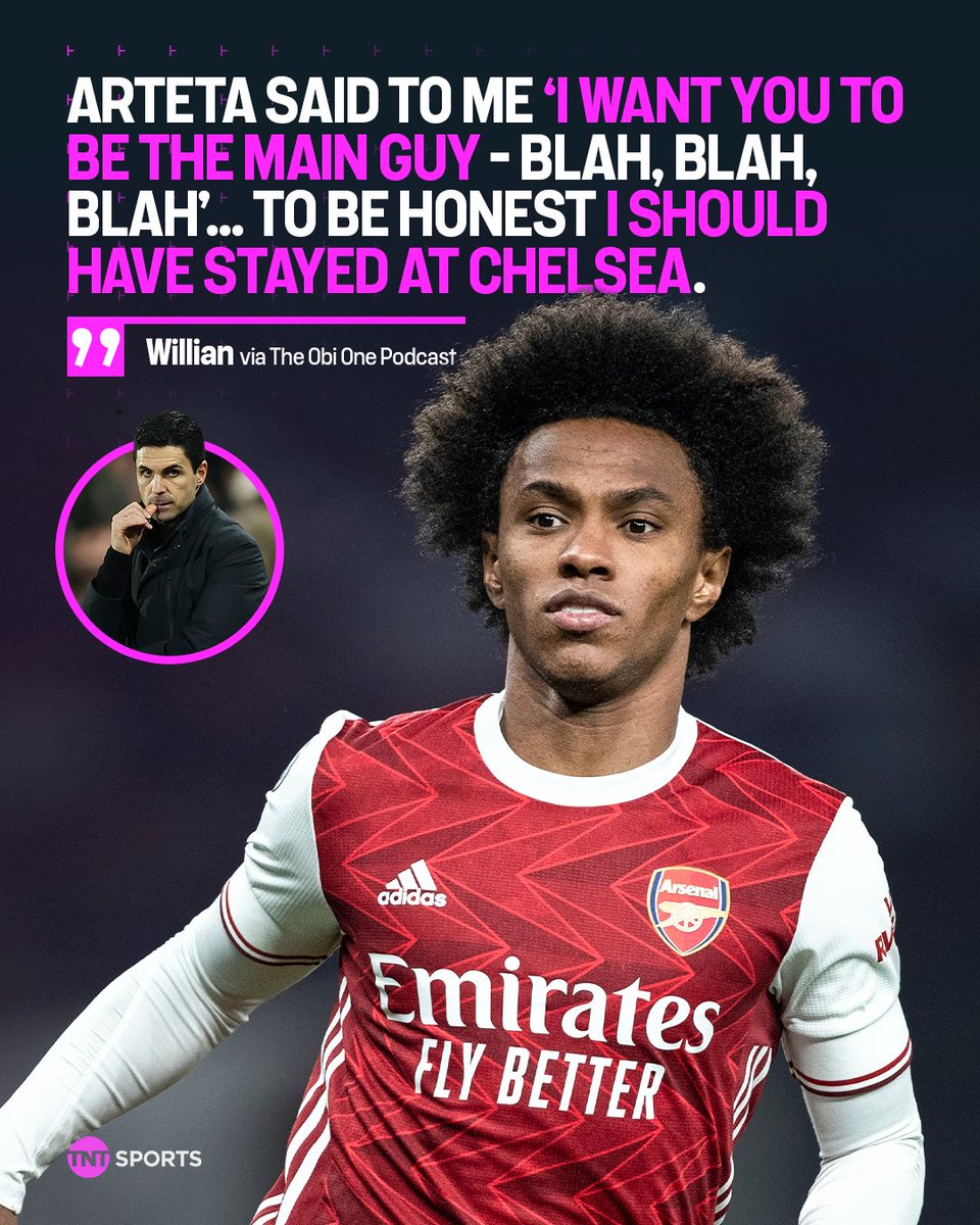 footballontnt's tweet photo. Willian wishes he’d stayed on the blue side of London 👀🔵

Despite Mikel Arteta promising he would be “the main guy” at Arsenal, the Brazilian admits he regrets leaving Chelsea. https://t.co/6srcno94lF