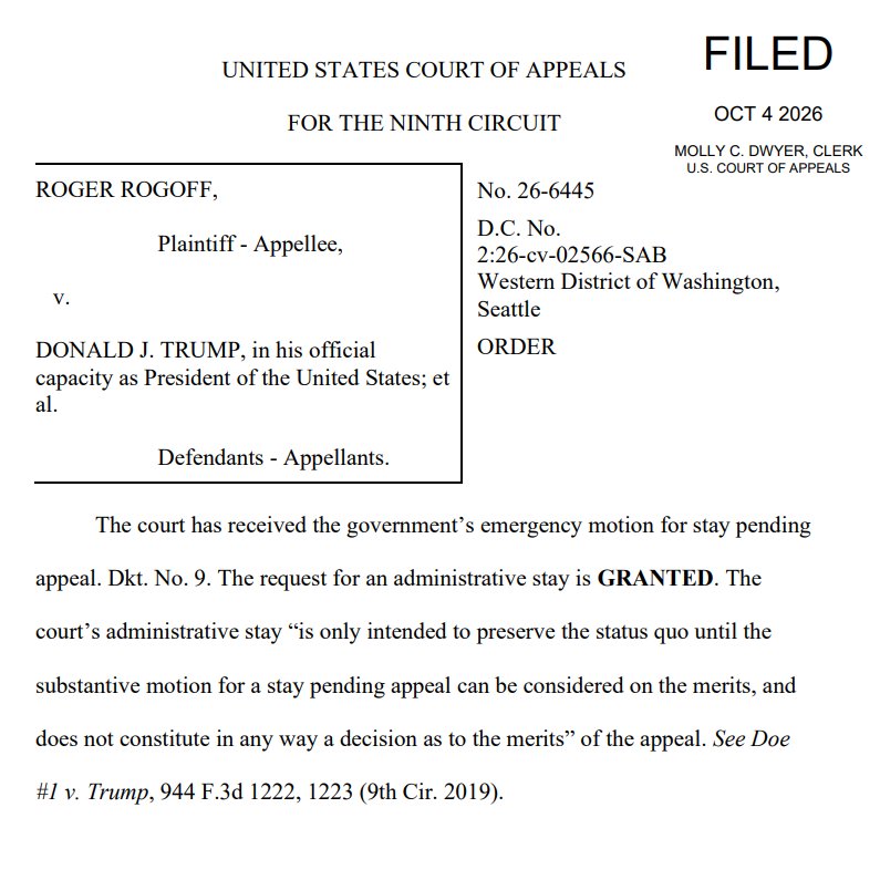 EricLDaugh's tweet photo. 🚨 GREAT NEWS: The 9th Circuit just granted an administrative stay BLOCKING a rogue judge's attempt to force Trump-fired Roger Rogoff as US Attorney for the Western District of Washington

Rogoff was appointed by the district's federal judges on July 15, and Trump FIRED HIM less than an hour after he was sworn in 🔥

Keep him out and confirm Pete Serrano!