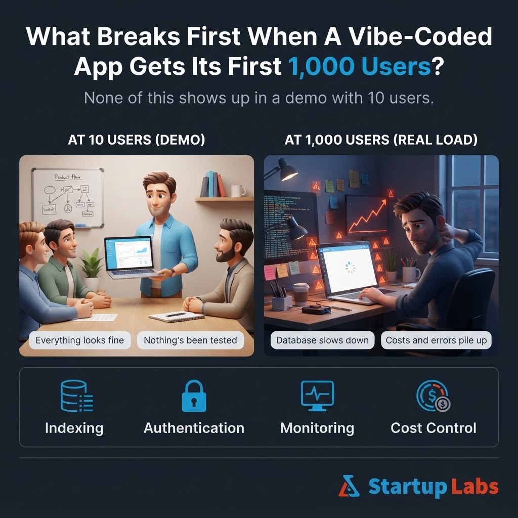 StartupLabsLtd's tweet photo. What breaks first when a vibe-coded app gets its first 1,000 users?

None of it shows up in a demo with 10. No indexes. Auth that holds up until someone actually tries to break it. No monitoring.

A demo proves the idea. It doesn't prove operations.
#VibeCoding #BuildInPublic https://t.co/fFK28Rlj5y