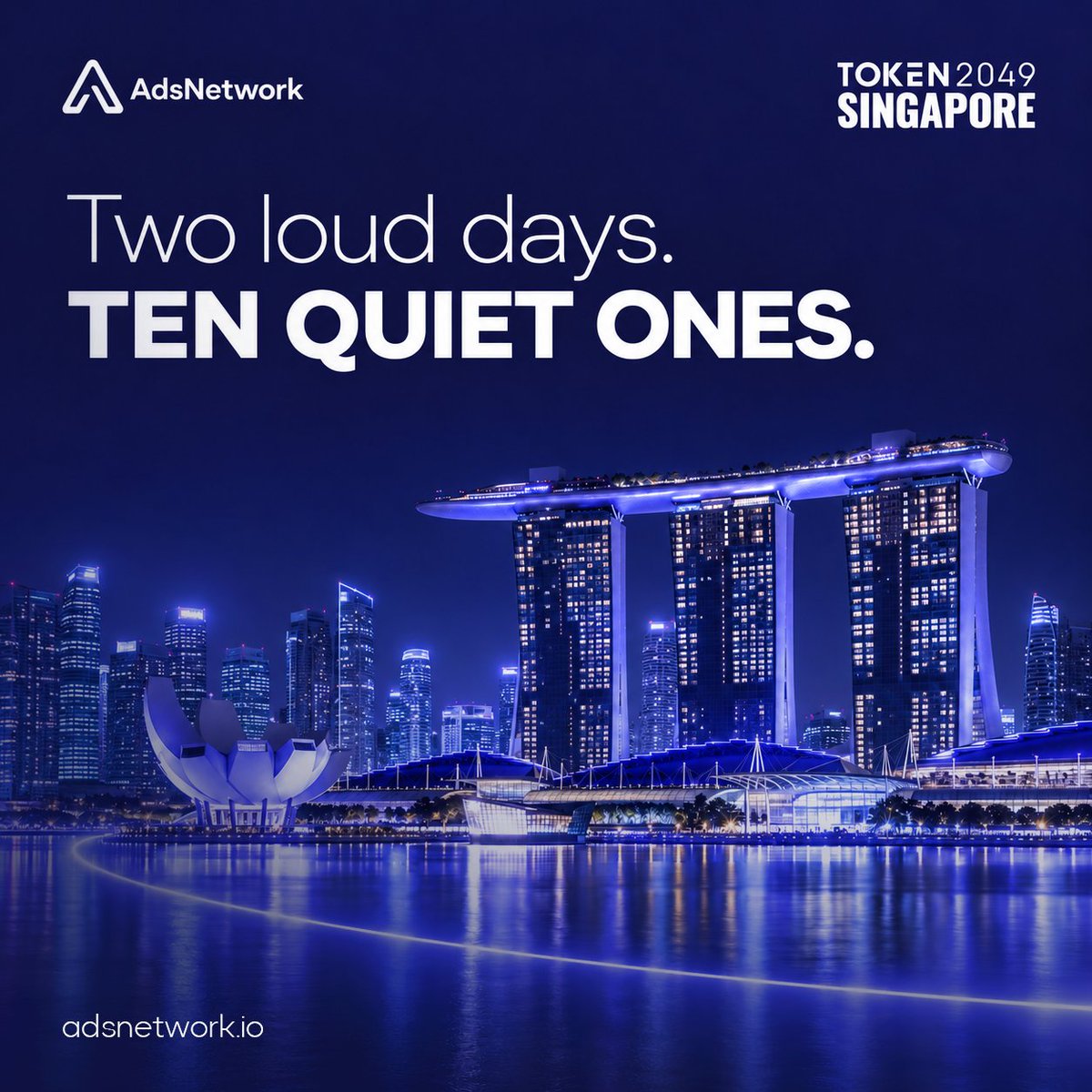 adsnetwork_io's tweet photo. TOKEN2049 Singapore opens Wednesday. 25,000 people, two days, a thousand side events.

During the event is the worst ad value of the quarter. Every launch is timed for this week and inventory is bid up. 

The ten days after are among the best. Empty auction, audience still in crypto mode, projects now being evaluated.

#Token2049 #Web3 #CryptoMarketing