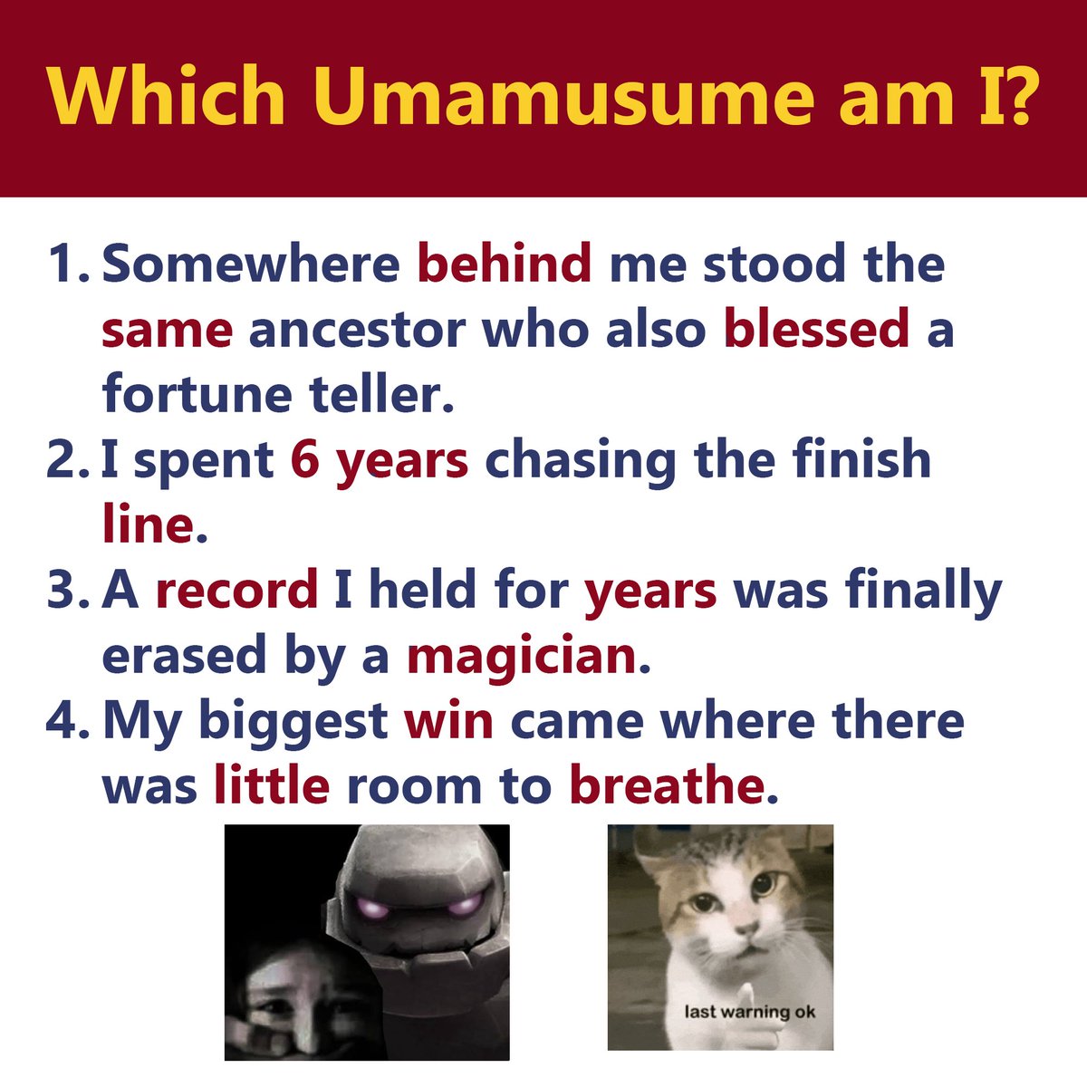 Guesstheuma's tweet photo. Can you Guess the Umamusume with the following Hints?                     

(Previous Answer : Kitasan Black 🏮) 
Explanation⬇️ https://t.co/PBVA2TLR9B