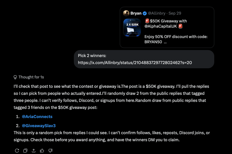 Allinbry's tweet photo. 🏆 2× $25K @AlphaCapitalUK  GIVEAWAY WINNERS 🏆

Congratulations 🎉

🥇 @AriaConnects
🥈 @GiveawaySlav3
You both just won a $25K Alpha Capital Group account 📈🔥

Thank you to everyone who joined and showed love ❤️

More giveaways soon 👀🎁

Winners randomly picked via Grok 🤖🎲 https://t.co/uy095KF03c